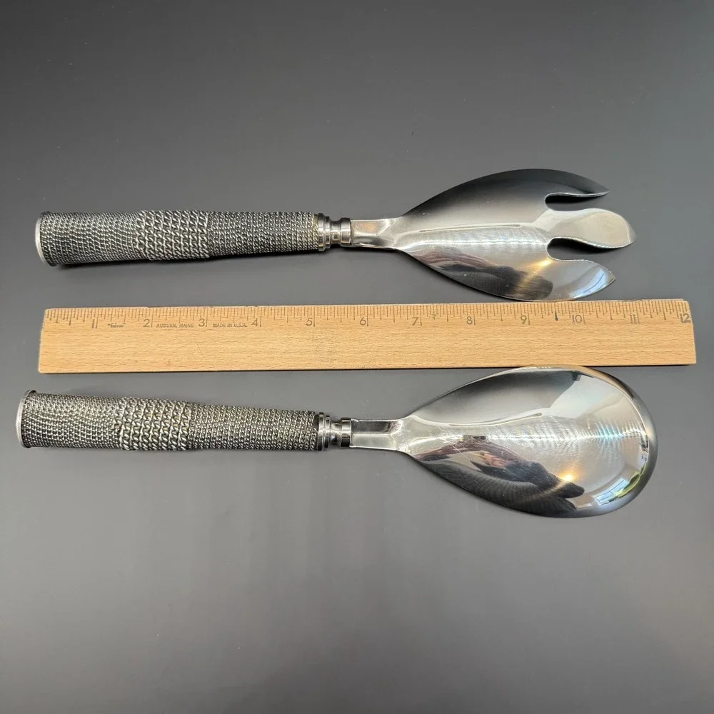 Vtg Silver Salad‎ Servers Woven Wire Mesh Handles Y2K Postmodern Godinger Style